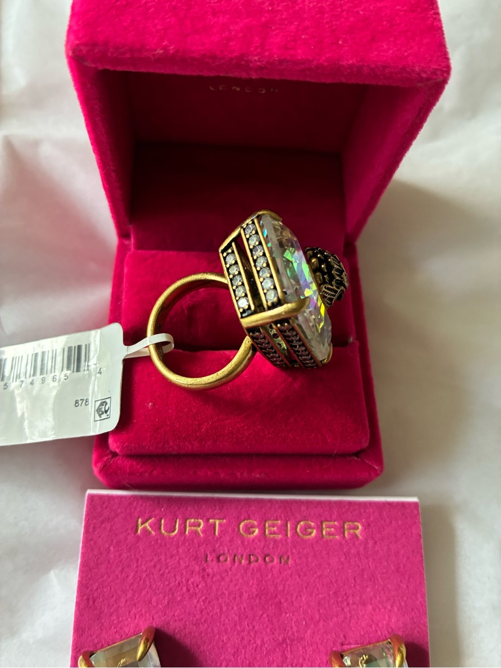 Kurt Geiger Gold-Tone Ring and Stud Earrings with Aurora Crystal, size 7 - Picture 4 of 10